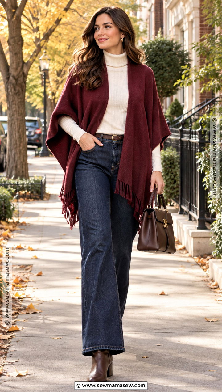 Cranberry Poncho With Wide Leg Jeans And Heeled Boots - 15 autumn color poncho ideas