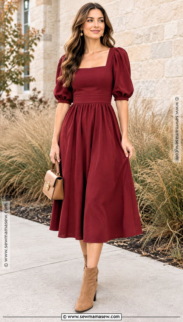 Cranberry Puff Sleeve Dress With Tan Boots - 15 Fall Picture Dresses for Women