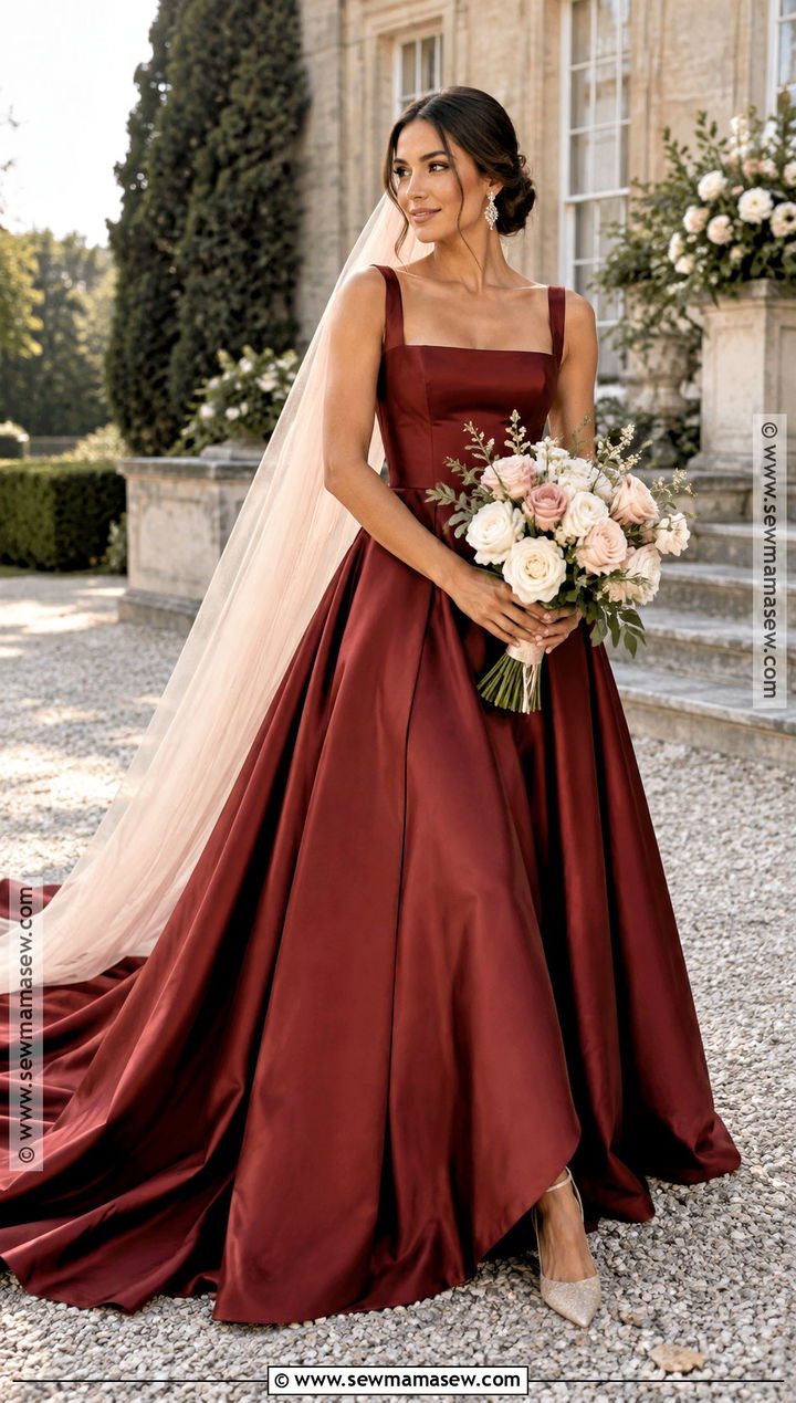 Cranberry Satin Fall Wedding Dress - 20 fall color wedding dress ideas
