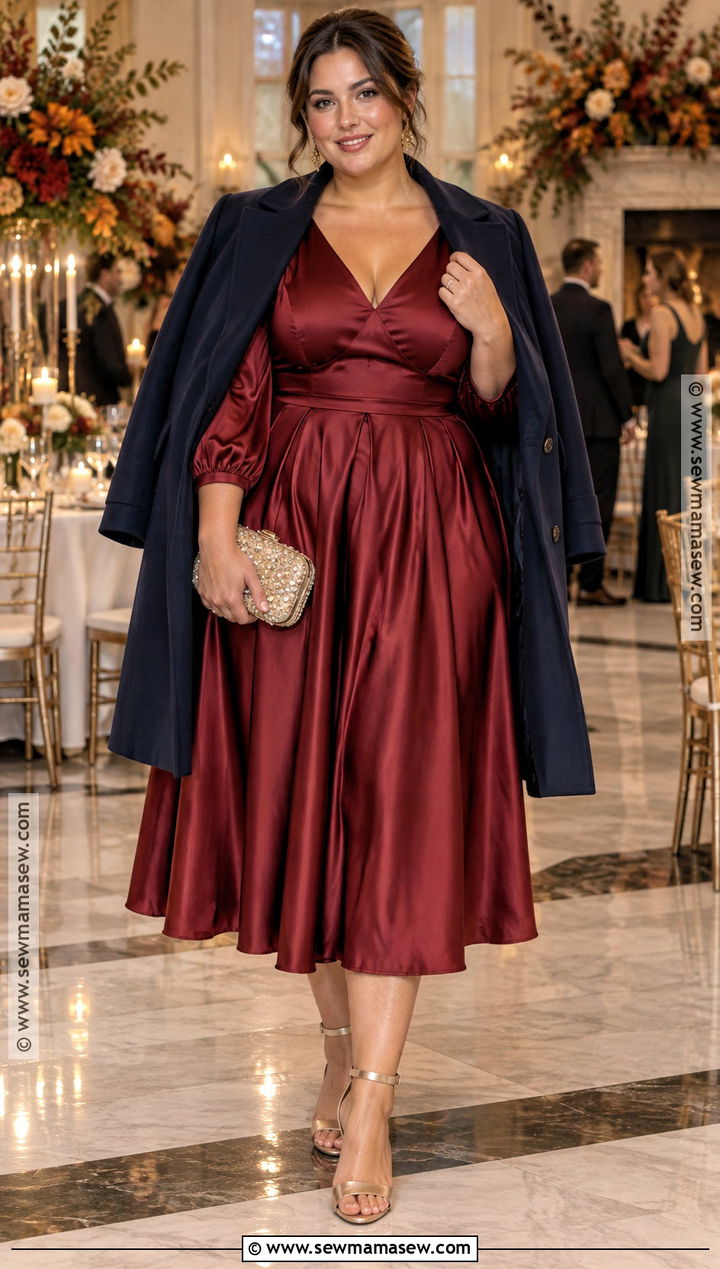 Cranberry Satin Puff Sleeve Dress - 15 october wedding guest dress ideas for plus size