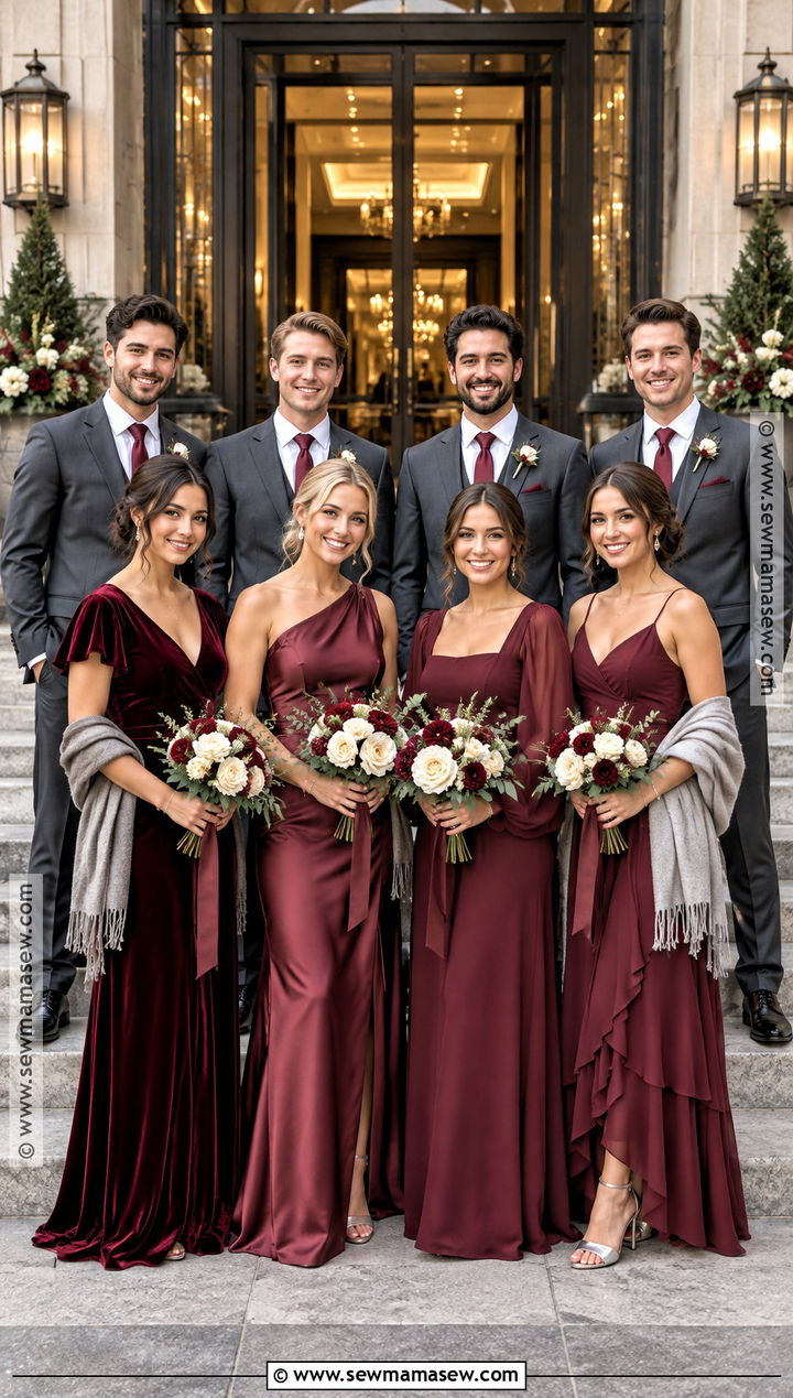 Cranberry and Charcoal Bridal Party Attire - 15 Fall Bridal Party Attire Color Schemes Ideas