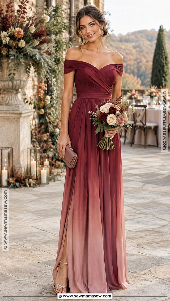 Cranberry to Dusty Rose Ombre Off Shoulder Bridesmaid Dress - 15 fall wedding bridesmaid dresses ombre