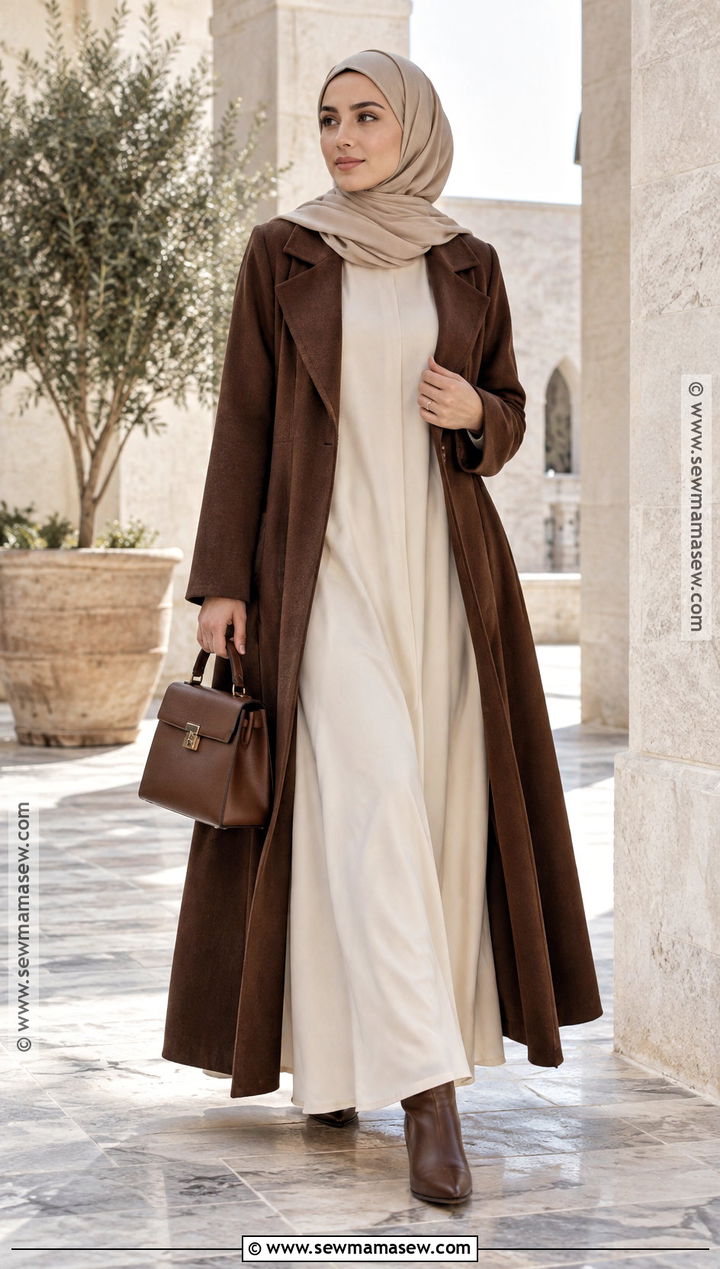 Cream Abaya and Brown Coat Hijab Outfit - 25 fall hijab outfits
