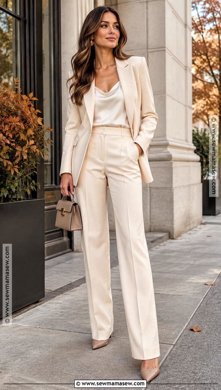 Cream Blazer And Trousers Fall Engagement Outfit - 20 fall engagement outfit ideas