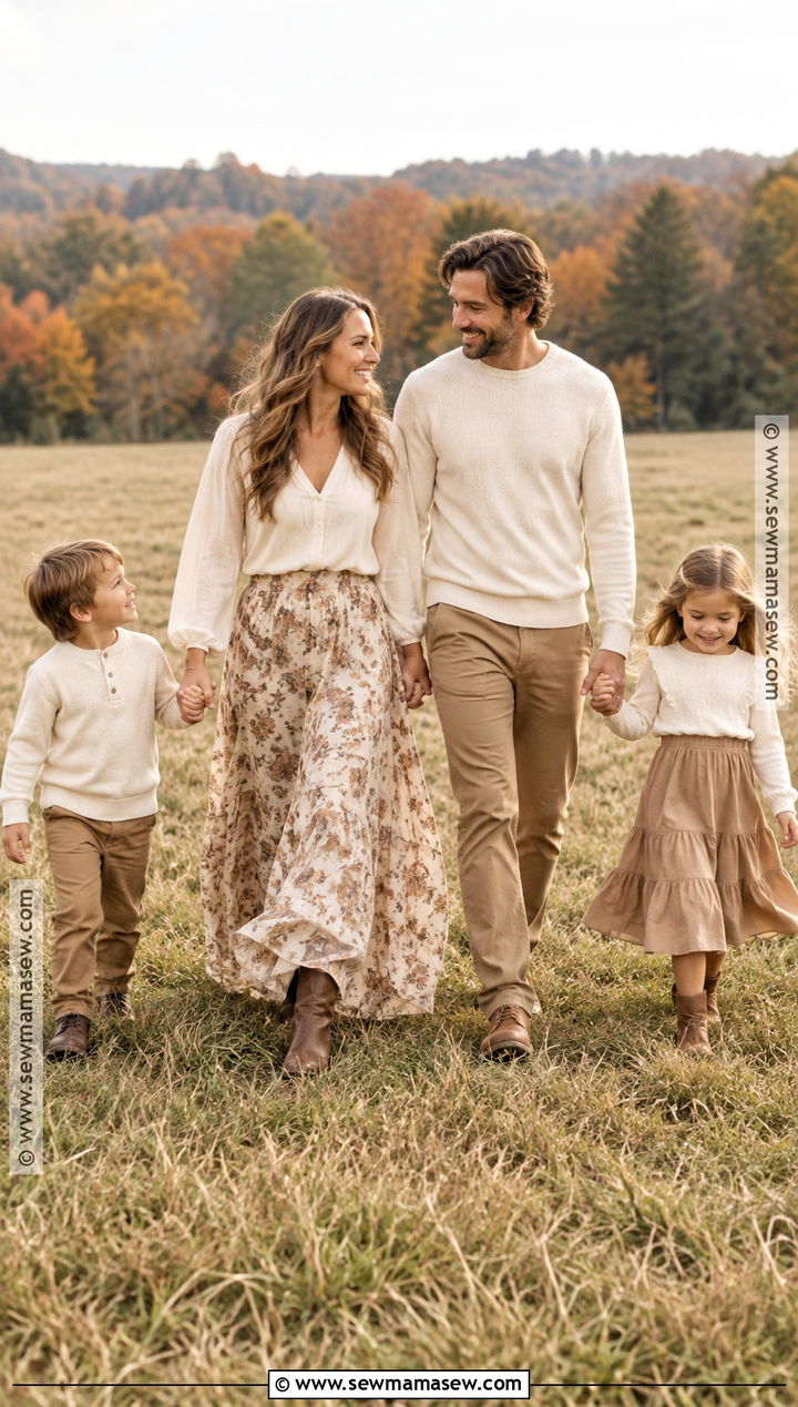 Cream Blouse And Maxi Skirt Family Photo Outfit - 15 cream fall outfit family photos ideas