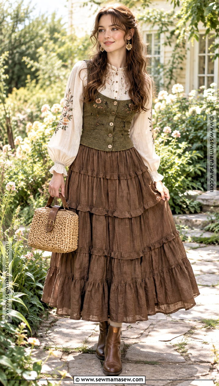 Cream Blouse And Tiered Skirt Fairy Outfit - 15 autumn fairy aesthetic outfits