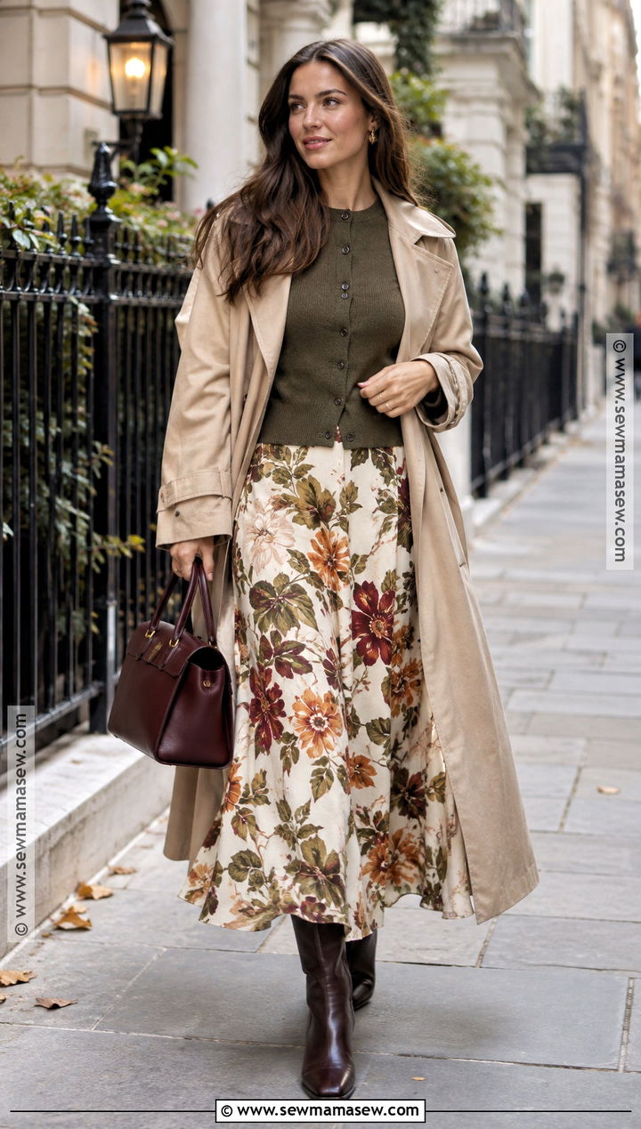 Cream Botanical Skirt Outfit - 15 autumn floral skirt design ideas