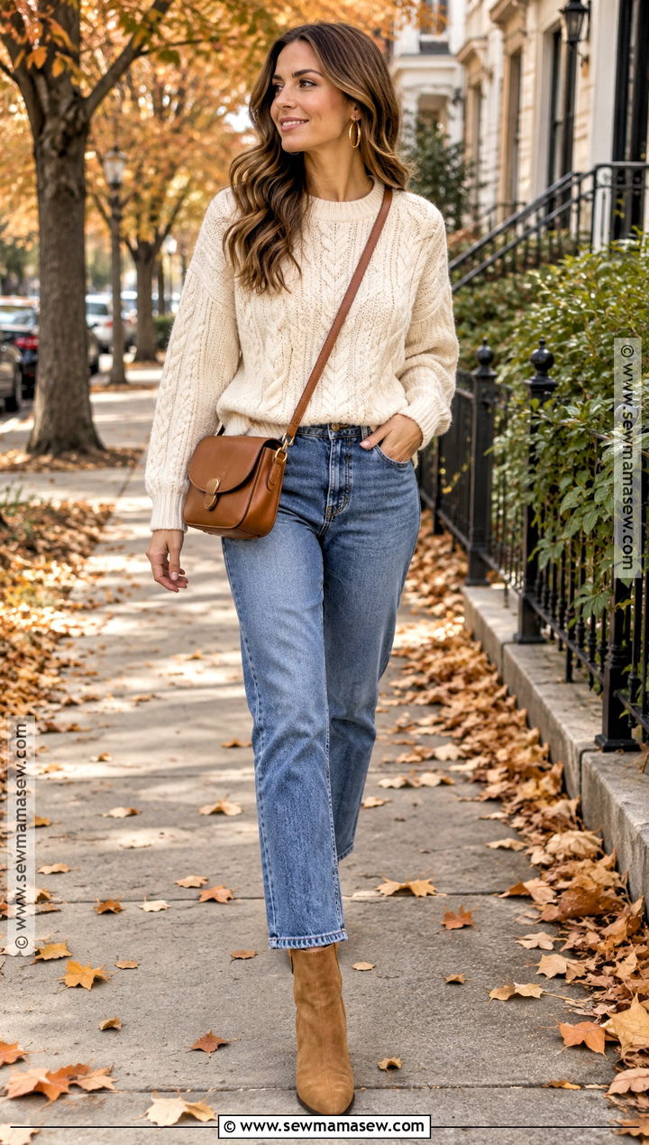 Cream Cable Knit Jumper With Straight Leg Jeans - 20 fall jumper outfit ideas