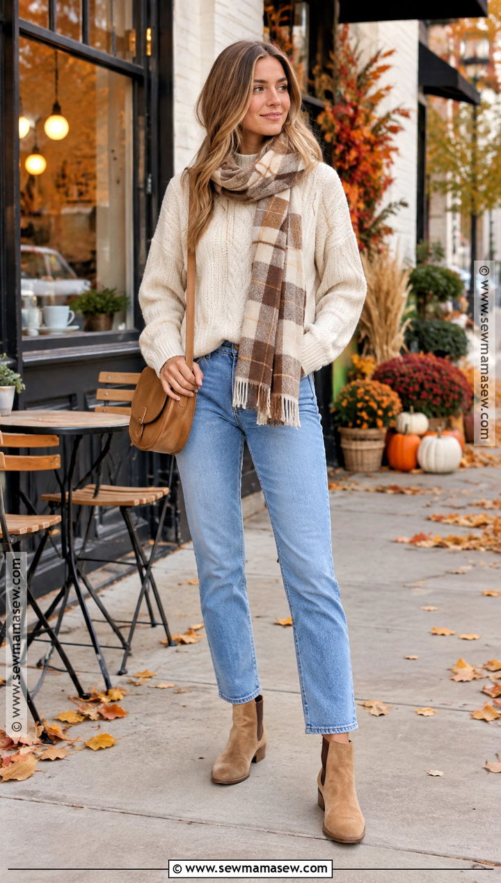 Cream Cable Knit Sweater And Light Blue Jeans Outfit - 20 light blue jeans outfit fall