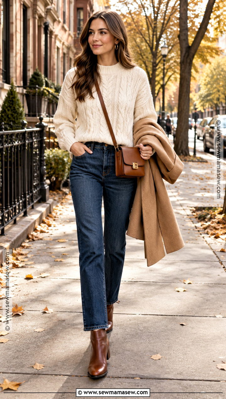 Cream Cable Knit Sweater And Straight Leg Jeans - 15 autumn outfit ideas with sweaters