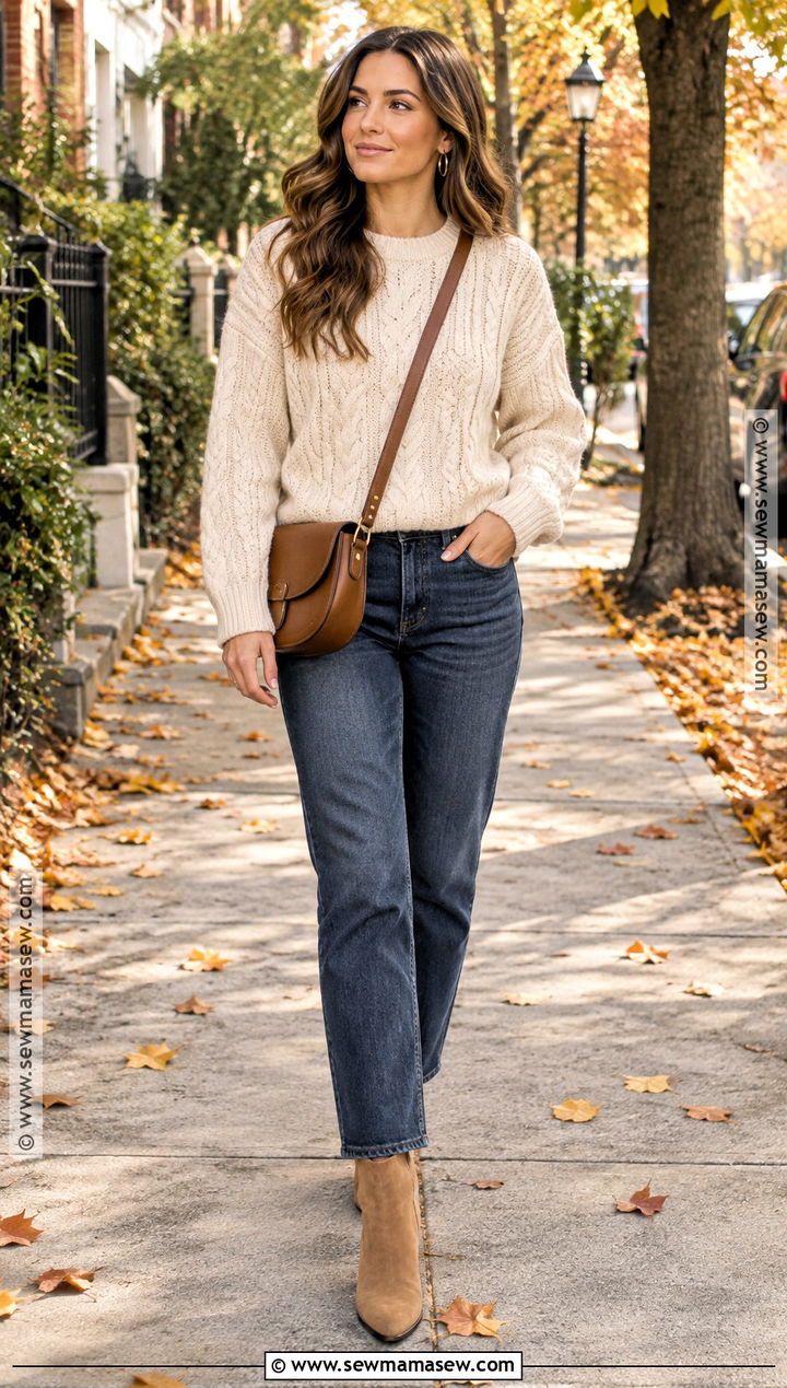 Cream Cable Knit Sweater With Straight Leg Jeans - 15 sweaters fall aesthetic