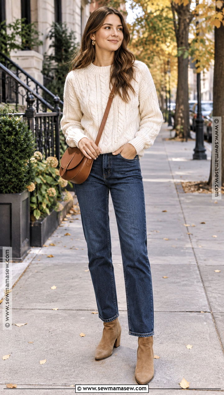 Cream Cable Knit Sweater With Straight Leg Jeans - 15 autumn cable knit style ideas