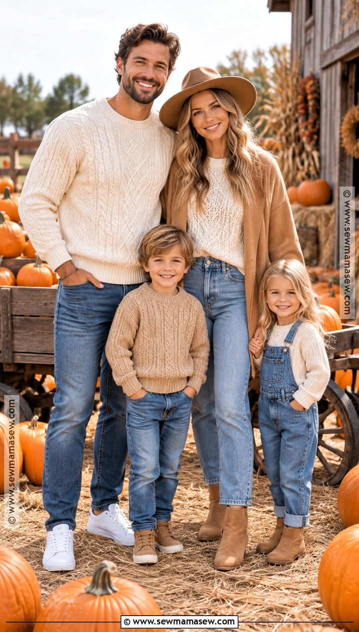 Cream Camel and Denim Family Pumpkin Patch Outfit - 15 fall pumpkin patch outfit ideas for family