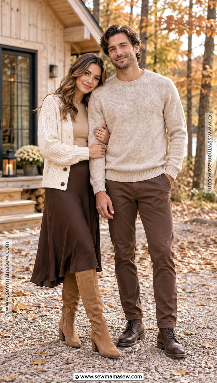 Cream Cardigan And Brown Chinos Couple Outfit - 15 couple photoshoot fall outfit ideas