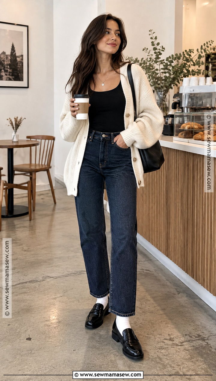 Cream Cardigan And Dark Denim Outfit - 20 the neighbourhood sweater weather ideas