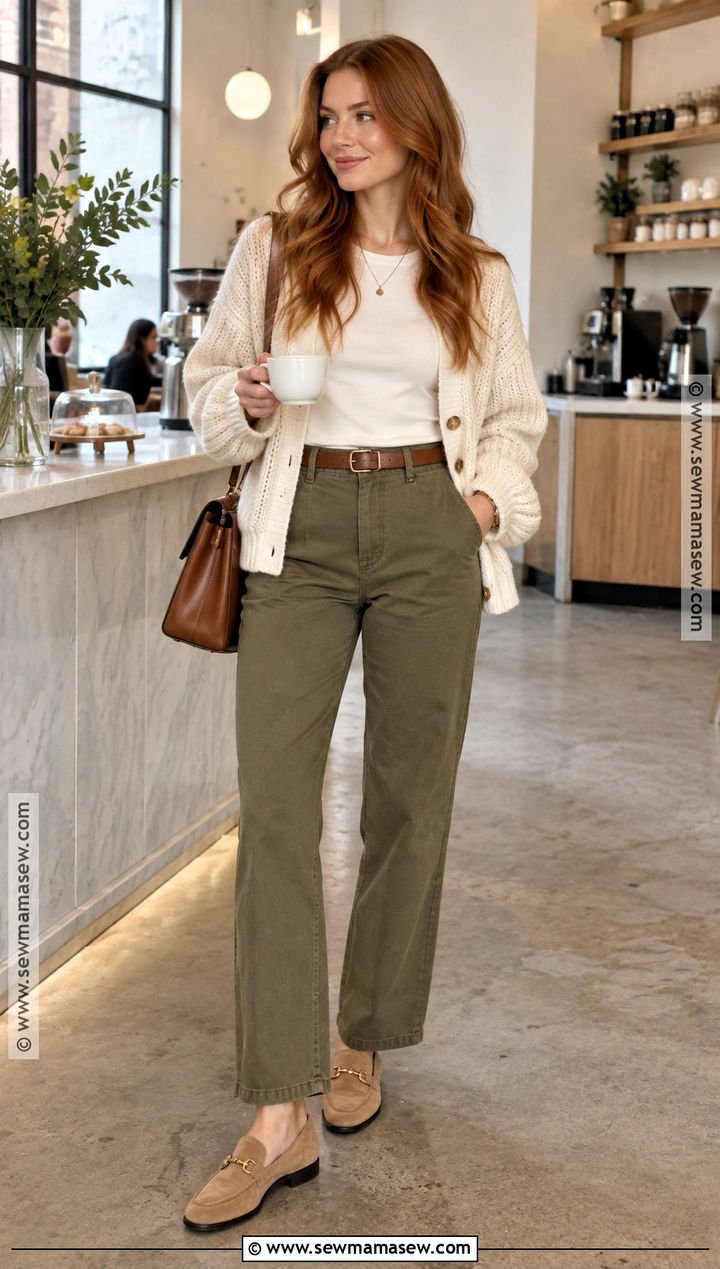 Cream Cardigan And Olive Pants Fall Outfit - 15 fall outfits for redheads