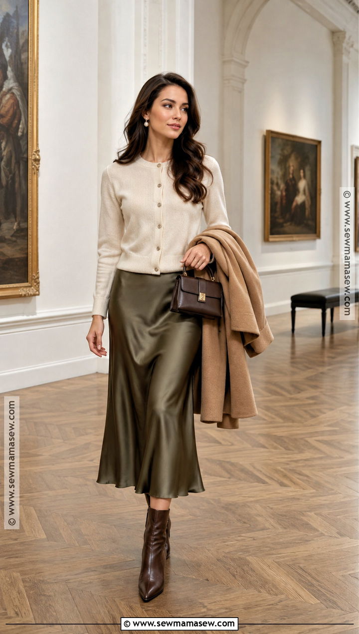 Cream Cardigan And Satin Skirt Old Money Fall Outfit - 20 old money outfits women fall