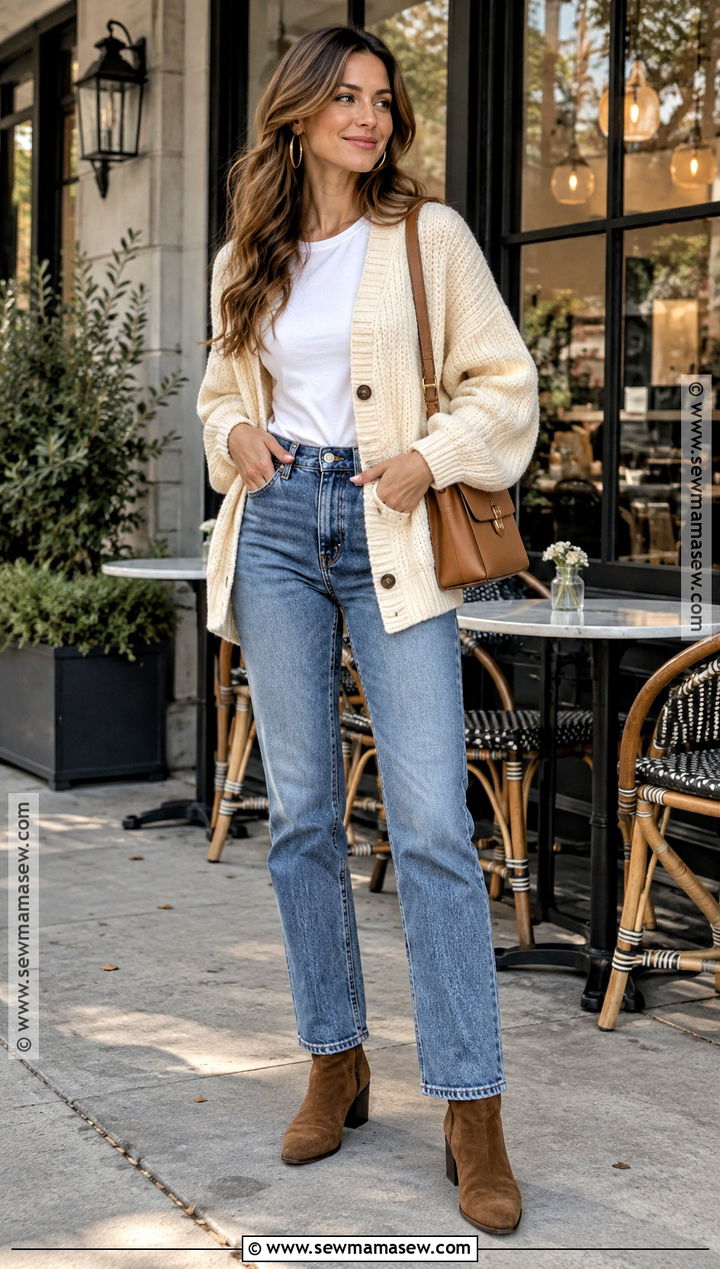 Cream Cardigan With Straight Leg Jeans - 15 Fall Cardigan Outfits Aesthetic