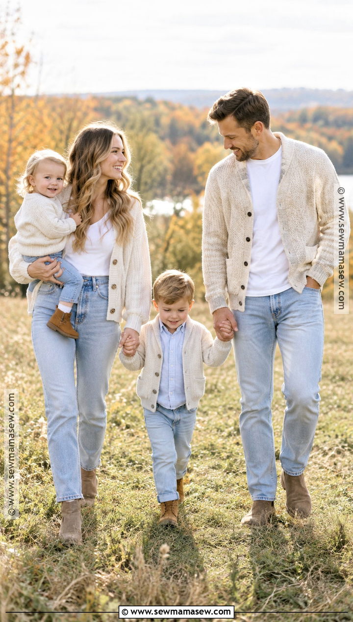 Cream Cardigans And Light Wash Jeans Family Outfit - 20 fall family pictures outfits jeans