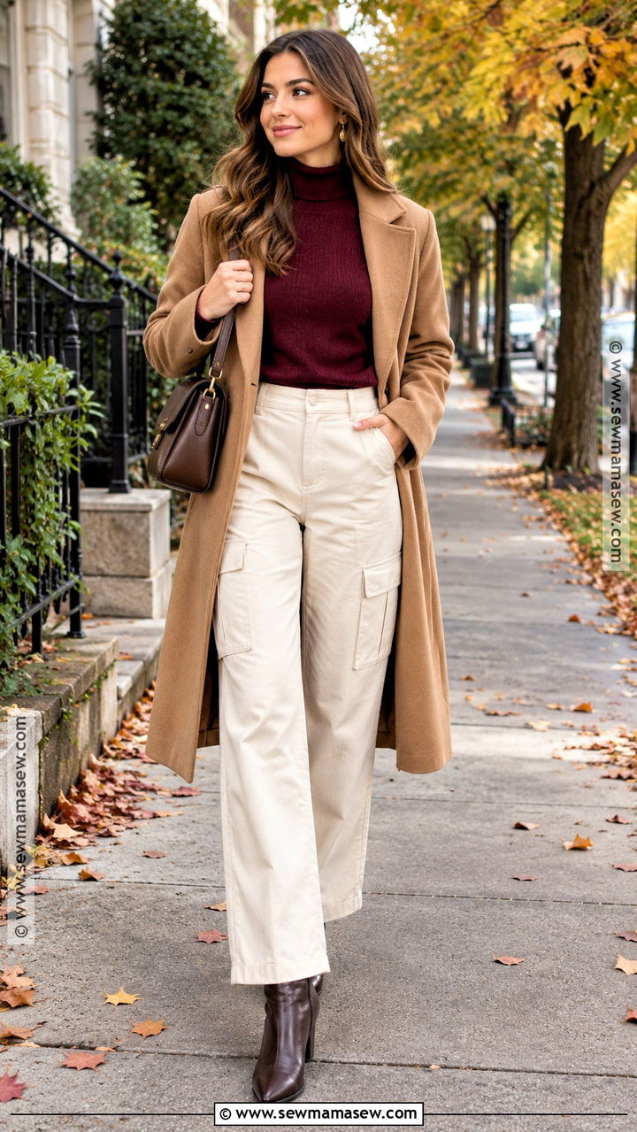 Cream Cargo Pants With Burgundy Sweater And Brown Boots - 20 fall cargo pants outfit for women