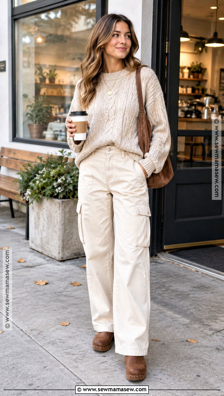 Cream Cargo Pants With Cable Knit Sweater And Clogs - 15 Fall Cargo Pants