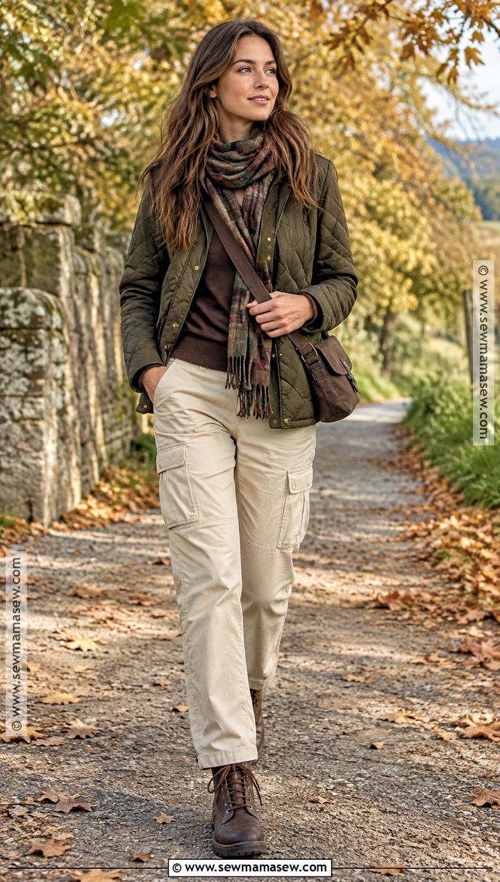 Cream Cargo Pants With Quilted Jacket And Walking Shoes - 15 cargo autumn outfit ideas