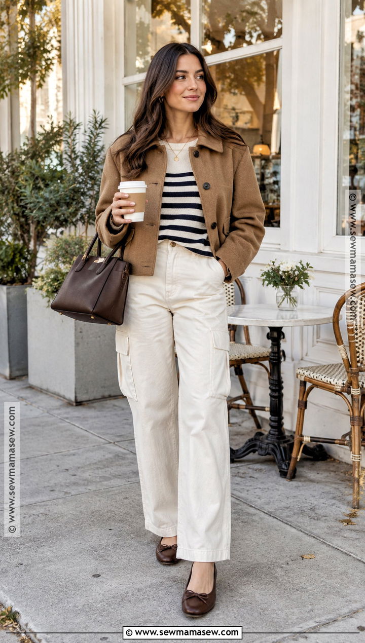 Cream Cargo Pants With Striped Sweater and Ballet Flats - 15 fall outfits women cargo pants