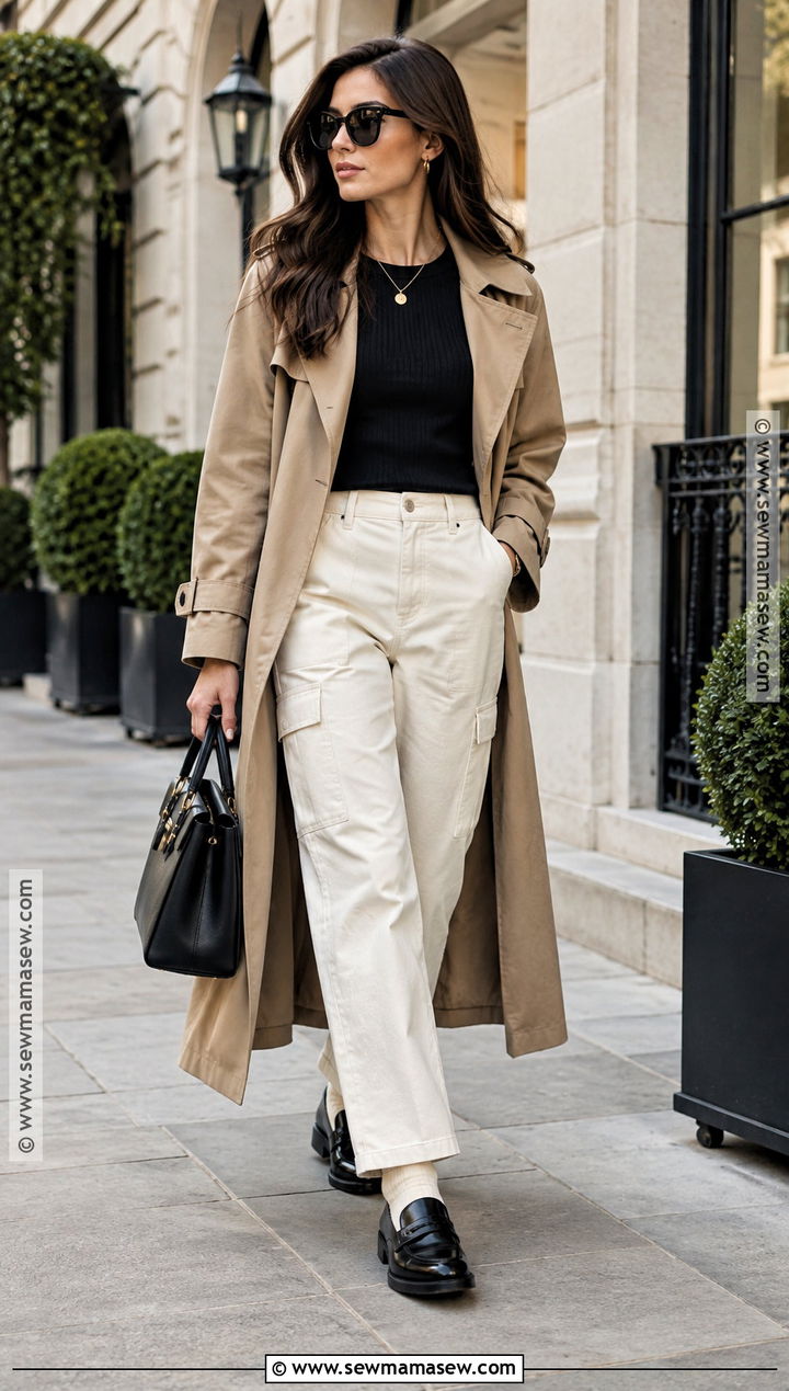 Cream Cargo Pants With Trench Coat - 15 Cargo Pants Outfit Fall Street Styles