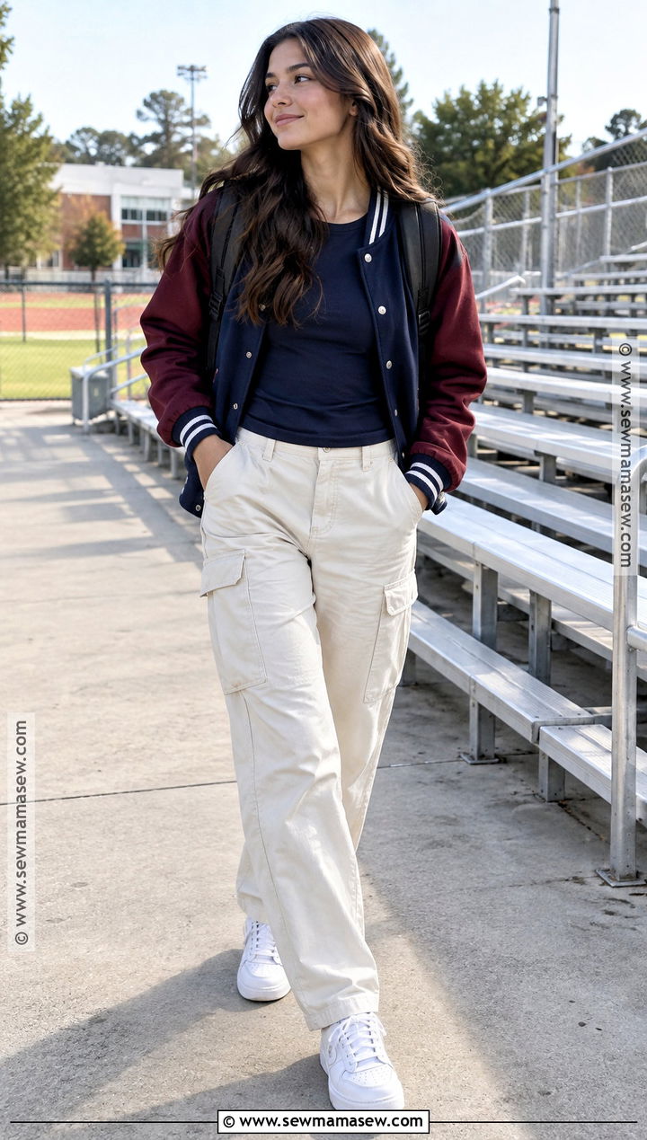 Cream Cargo Pants With Varsity Jacket - 20 back to school outfits cargo pants