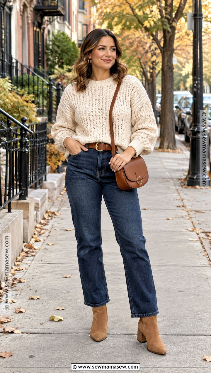 Cream Chunky Knit Sweater With Straight Leg Jeans And Ankle Boots - 15 Chunky Knit Sweater Fall Ideas
