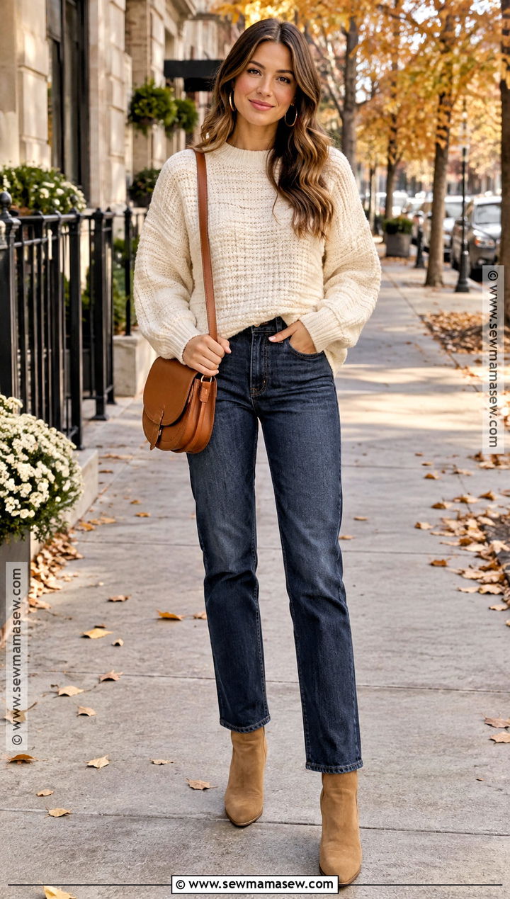 Cream Chunky Sweater With Straight Leg Jeans - 15 Chunky Sweater Fall Fashion Ideas