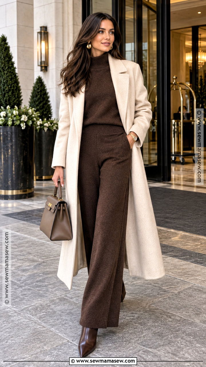 Cream Coat And Chocolate Matching Set Brunette Fall Outfit - 20 Brunette Fall Outfits