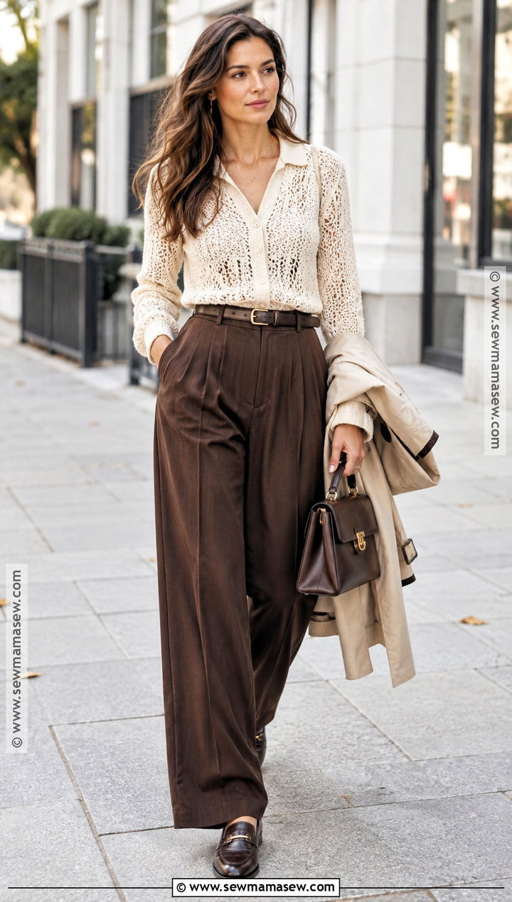 Cream Crochet Blouse With Brown Trousers - 15 fall crochet blouse ideas