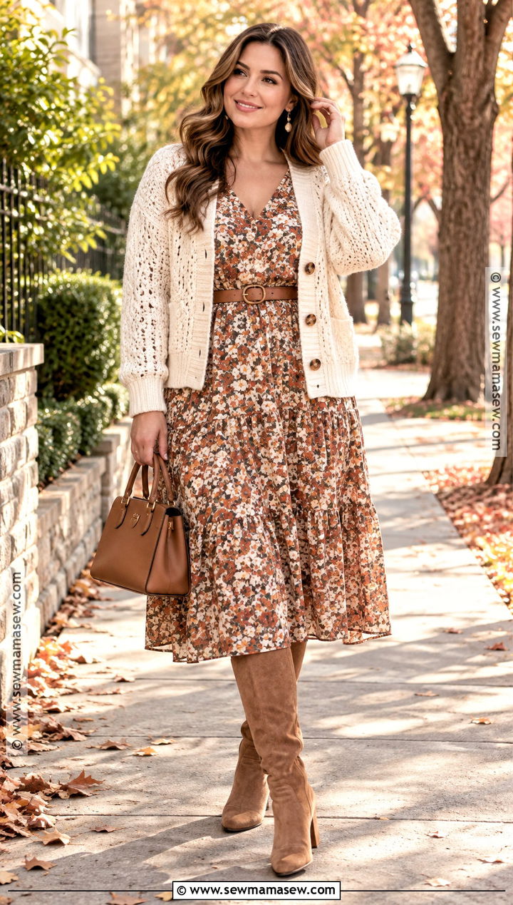 Cream Crochet Cardigan With Floral Midi Dress - 15 Autumn Crochet Cardigan Style Ideas