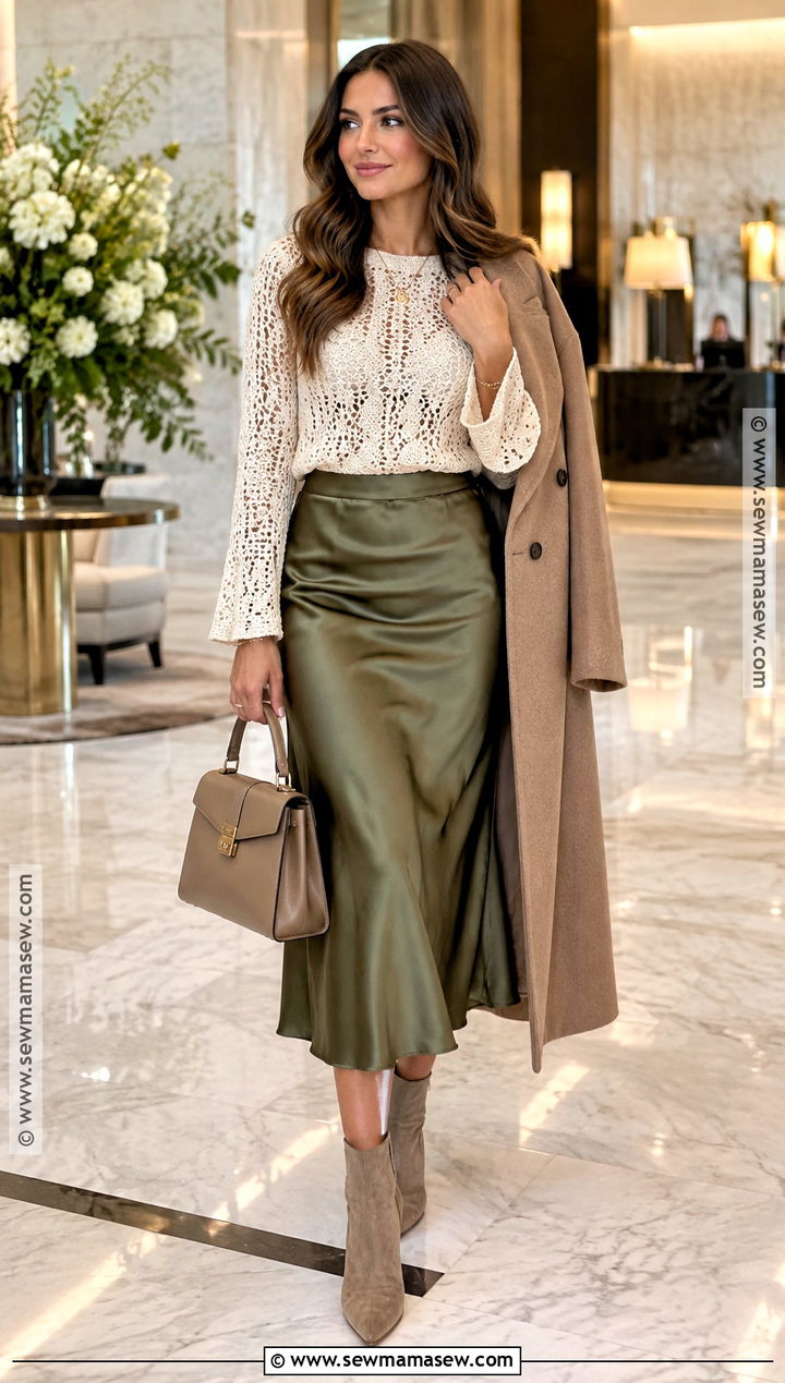 Cream Crochet Fall Top With A Satin Midi Skirt - 20 crochet fall top ideas