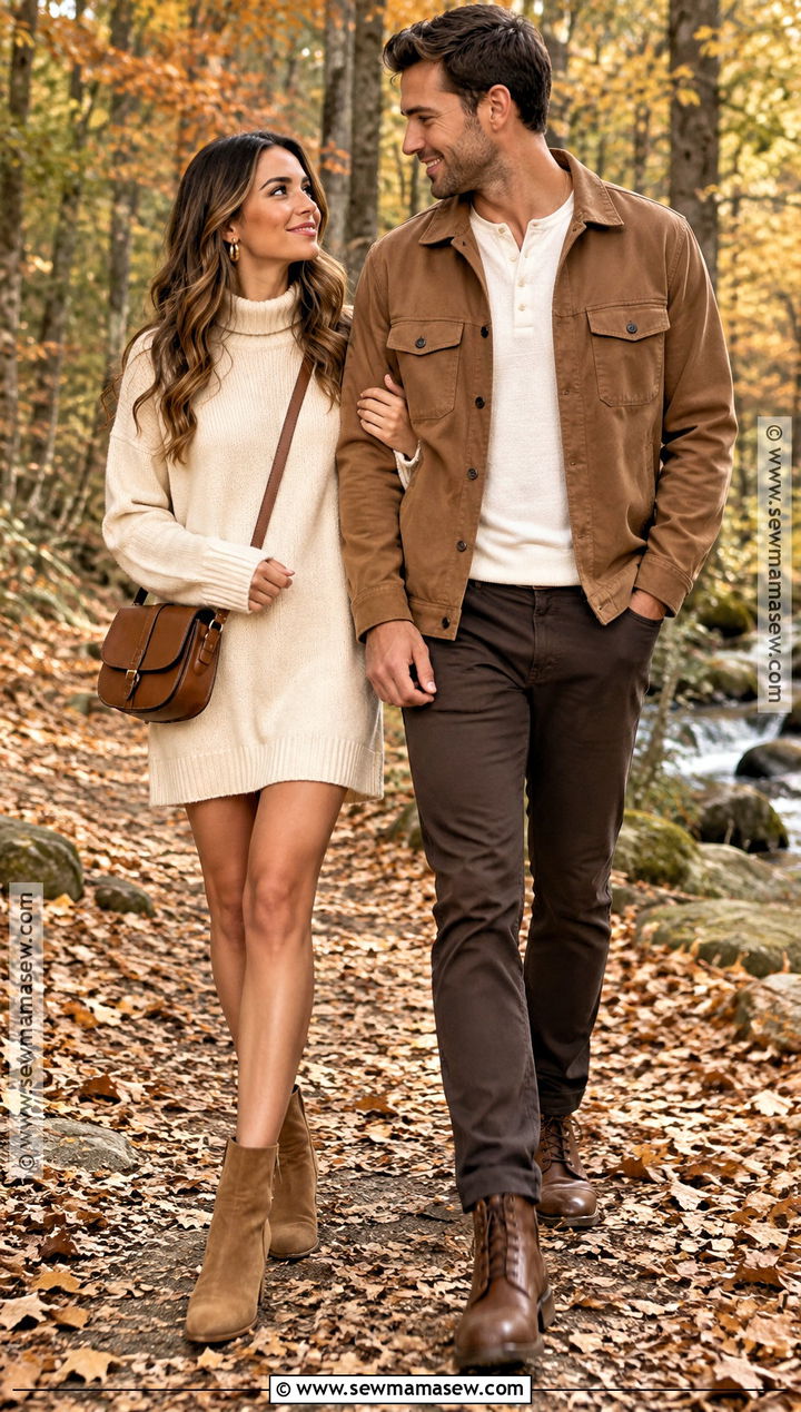 Cream Dress And Camel Jacket Fall Couple Outfit - 15 coordinating couple outfits for pictures fall