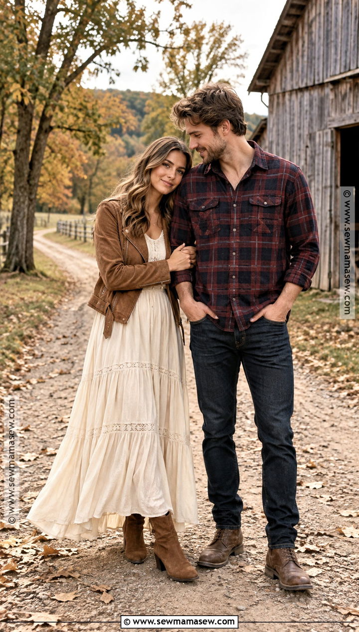 Cream Dress And Flannel Shirt Fall Couple Outfit - 20 fall couple photoshoot outfits photo ideas outdoor