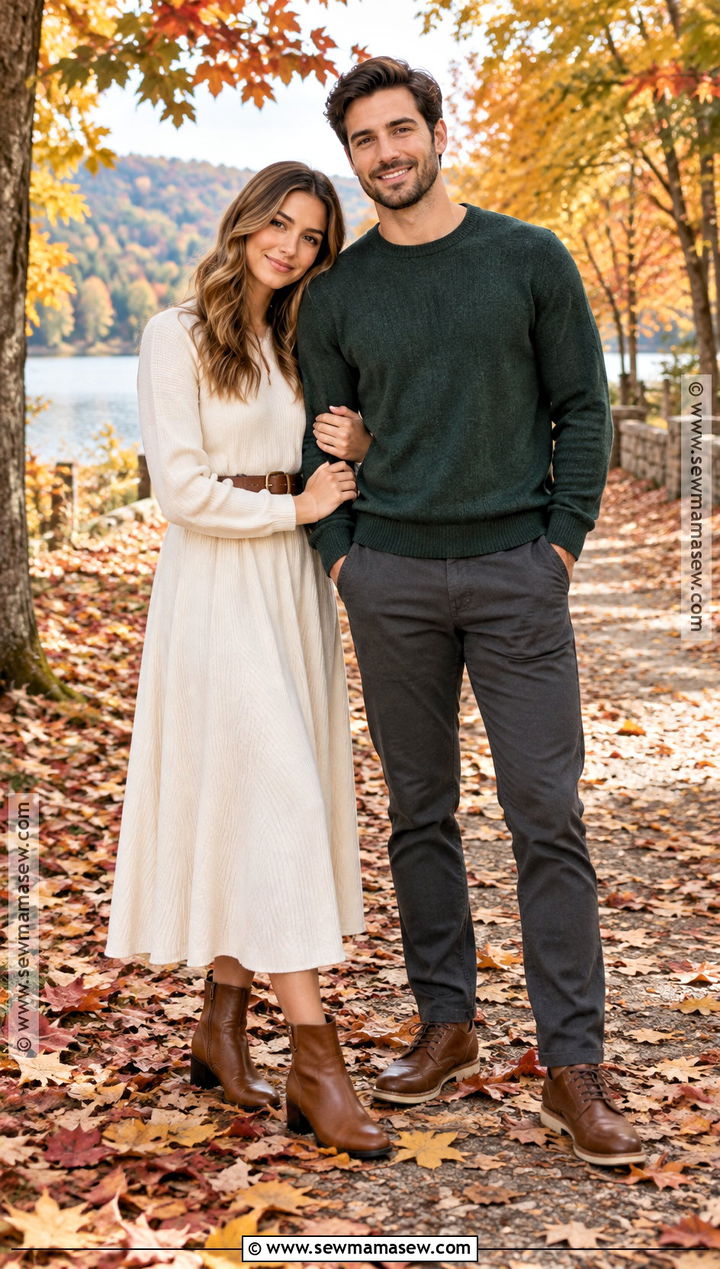 Cream Dress And Forest Green Sweater Fall Couple Outfit - 25 fall photo shoot outfits for couples