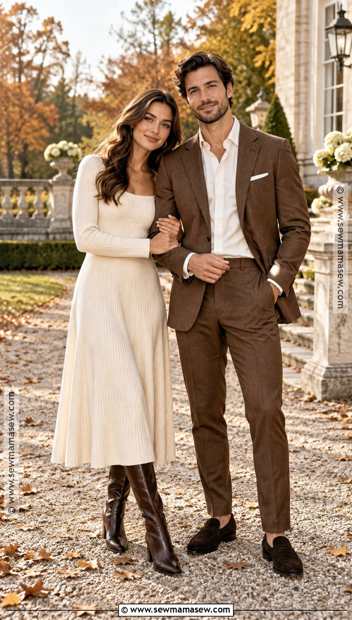 Cream Dress and Brown Suit Fall Couple Outfit - 15 outfit ideas for couples photoshoot fall