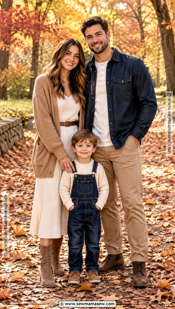 Cream Dress and Dark Denim Fall Family Photoshoot Outfit - 15 fall photoshoot outfits family of 3