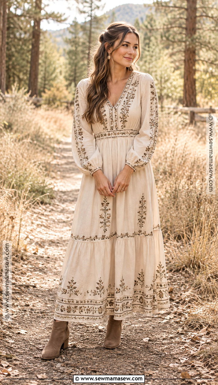 Cream Embroidered Dress And Mocha Boots For Fall Family Photos - 20 Fall Dress For Family Photos Ideas