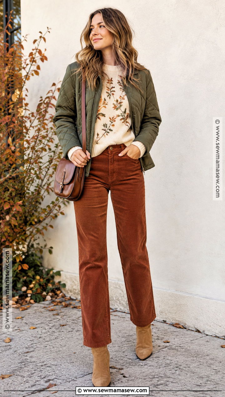 Cream Embroidered Sweater With Corduroy Pants - 15 Embroidered Sweater Fall Style Ideas