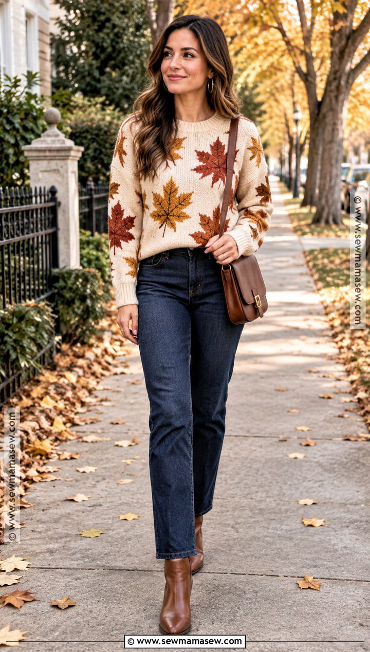 Cream Fall Leaf Sweater With Straight Leg Jeans - 15 fall leaf sweater ideas