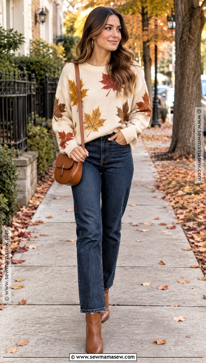 Cream Fall Leaves Sweater With Straight Jeans And Ankle Boots - 15 fall leaves sweater ideas