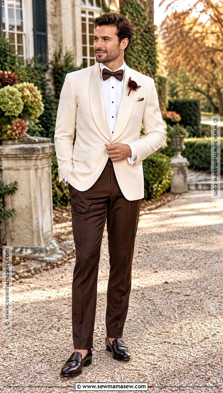 Cream Fall Wedding Tuxedo With Brown Accessories - 20 fall wedding tux groom attire ideas