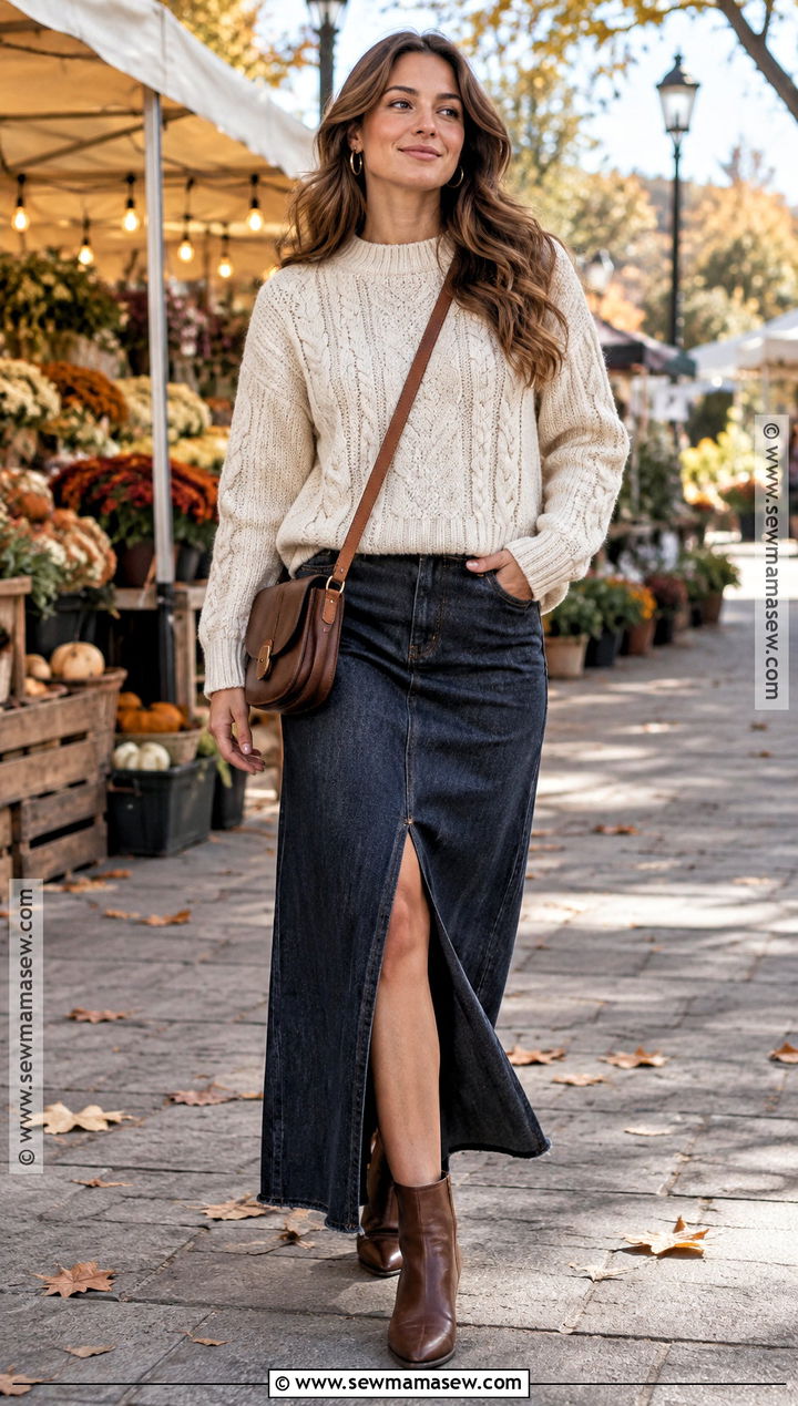 Cream Fisherman Sweater With Denim Maxi Skirt - 15 Cozy Cream Sweater Fall Fashion Ideas