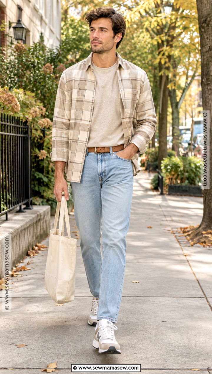 Cream Flannel Outfit With Light Wash Jeans - 15 guys fall outfits flannel