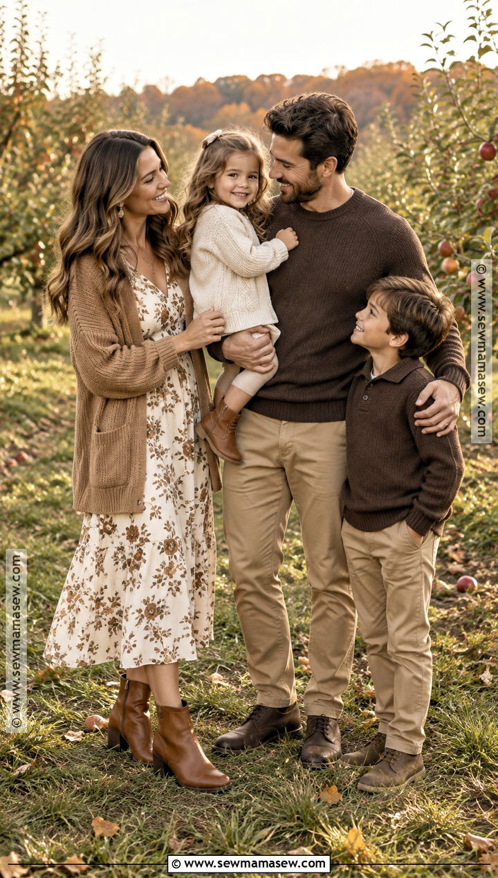 Cream Floral Dress And Brown Family Picture Outfit - 15 Neutral Fall Outfits For Family Pictures