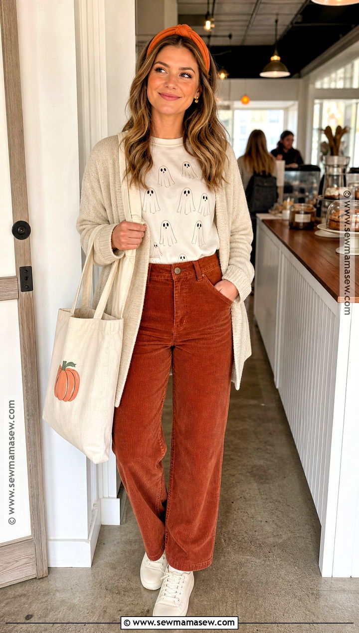 Cream Ghost Tee And Corduroy Pants Outfit - 35 casual halloween outfits
