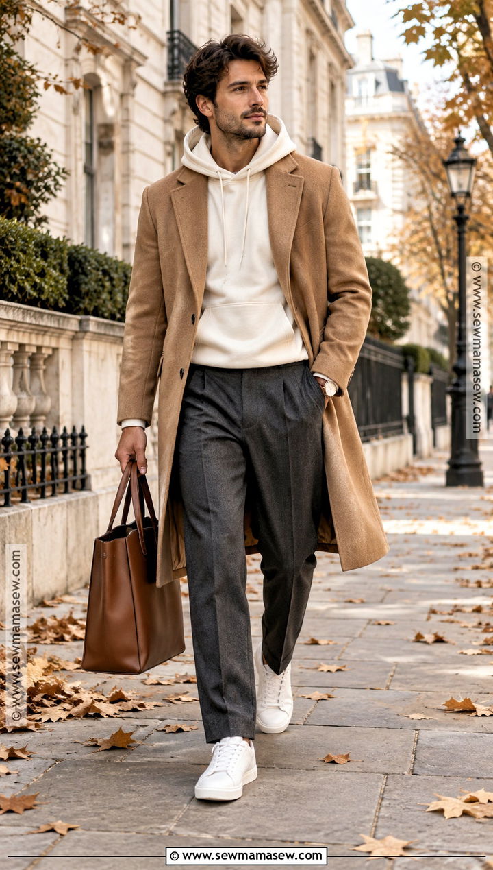 Cream Hoodie With Camel Coat And Trousers - 15 Fall Hoodie Outfit Ideas for Men
